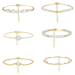 New Arrival Dainty Classic Adjustable 14K Gold Plated 925 Sterling Silver Cultured Freshwater Pearl Bracelets for Women Girl