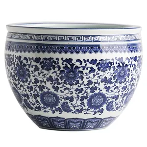 Pote de orquídea de cerâmica azul branco tradicional, potes redondos de cerâmica da china, atacado, alta temperatura, vaso de flores, cerâmica