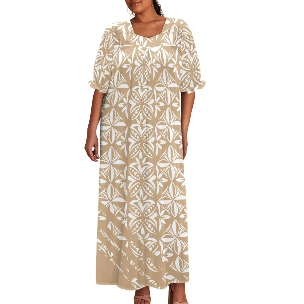 Vestido feminino com estampa de Polinésia, roupa folgada vintage chique estampada de verão para mulheres, saia maxi com manga bufante solta