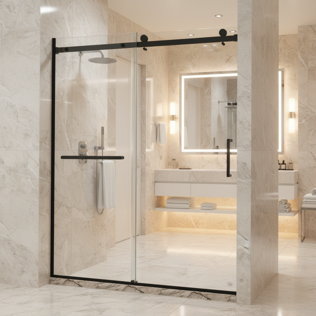 COMO Modern Frameless Coated Glass Sliding Shower Enclosure with Black Grid Soft Closing for Hotel Gym Outdoor Apartment Use