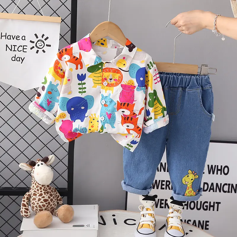 Conjunto de ropa de punto infantil Conjunto de ropa suave Camisa con estampado de dibujos animados y jeans casuales Conjunto de dos piezas