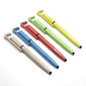 Stylo multifonctionnel 3-en-1 en paille de blé écologique avec support de téléphone et stylos à bille à écran tactile, logo personnalisé - Product Image 1