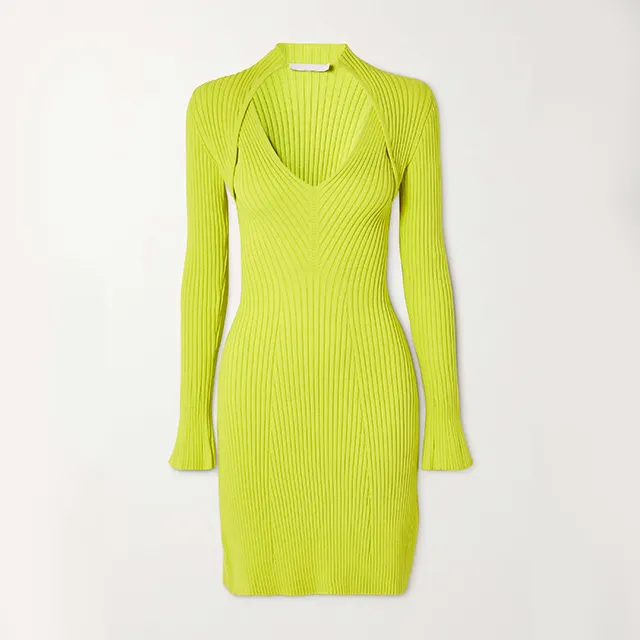 knitwear mufacturers Macaron Yellow Green Rib Knit Dress Knit Dress Short sweater dress women clothing