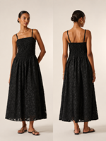 Vestido Midi Negro con Encaje Floral, Cuello Cuadrado y Detalle Trenzado, Estilo Smocked, Nueva Colección Verano 2026, Éxito de Ventas en EE. UU. y Australia