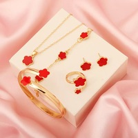 Ensemble de bijoux trèfle à cinq feuilles 5 pièces en alliage, collier, bracelet, bague, boucles d'oreilles, cadeau porte-bonheur pour femme