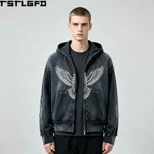 Oem Odm Graphic Acid Wash Zip Up Hoodie Cross Rivets Heavyweight Distressed Raw Hem Streetwear Wholesale Bulk - Product Image 4