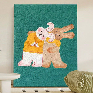 Rabbit Themed Childrens Room Decorative Painting Hand Painted Oil Painting Green <b>Frame</b> Modern Minimalist <b>Wall</b> Art For Hallway - Product Image 3