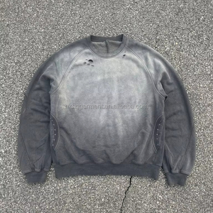 Sudadera de alta calidad con efecto acid wash para hombre, estilo retro con bloques de color, desgastada, con dobladillo deshilachado, cuello redondo, estilo vintage. - Product Image 1