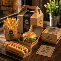 Boîte à emporter en papier kraft, logo personnalisé, revêtement UV, gaufrage, recyclable, jetable, pour restaurants de restauration rapide, hamburgers, hot-dogs, frites