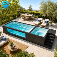 Piscine hors sol semi-enterrée avec jacuzzi et grande fenêtre pour jardin, idéale pour la maison, l'hôtel, la station balnéaire, ou comme piscine conteneur extérieure.