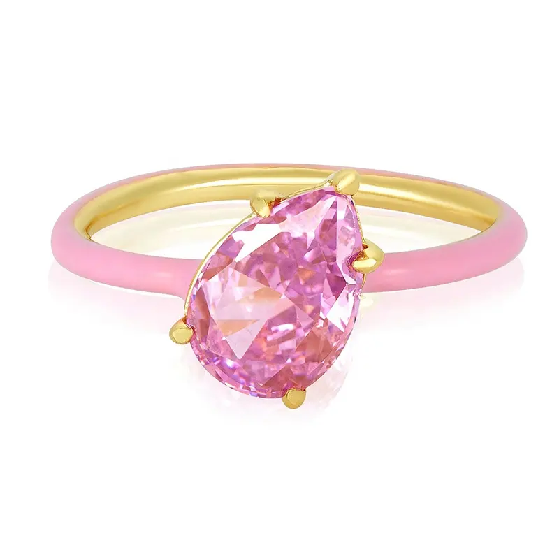 Milskye-Anillo de plata 925 chapado en oro de 18k, anillo de cristal rosa con forma de pera, esmalte rosa
