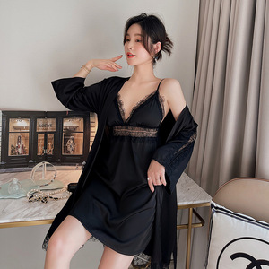 レディースパジャマ2ピースセットレディースセックスナイトドレスフェイクシルクローブナイトガウンホットセクシーパジャマ - Product Image 6