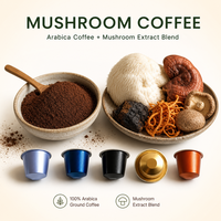 Capsules de café aux champignons OEM |   Café Arabica et extrait de champignons multiples (Crinière de lion, Reishi, Chaga, Cordyceps) |   Marque privée