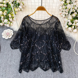 Boutique vente en gros 2025 été nouveau Design à la mode clou perle paillettes maille ample femmes T-<span class=keywords><strong>shirt</strong></span> - Product Image 3