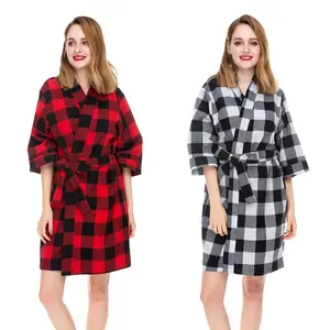 Klaar Om Te Verzenden Hoge Kwaliteit Zacht Garen Geverfd Plaid Flanel Vrouwen Spa Kimono Robe