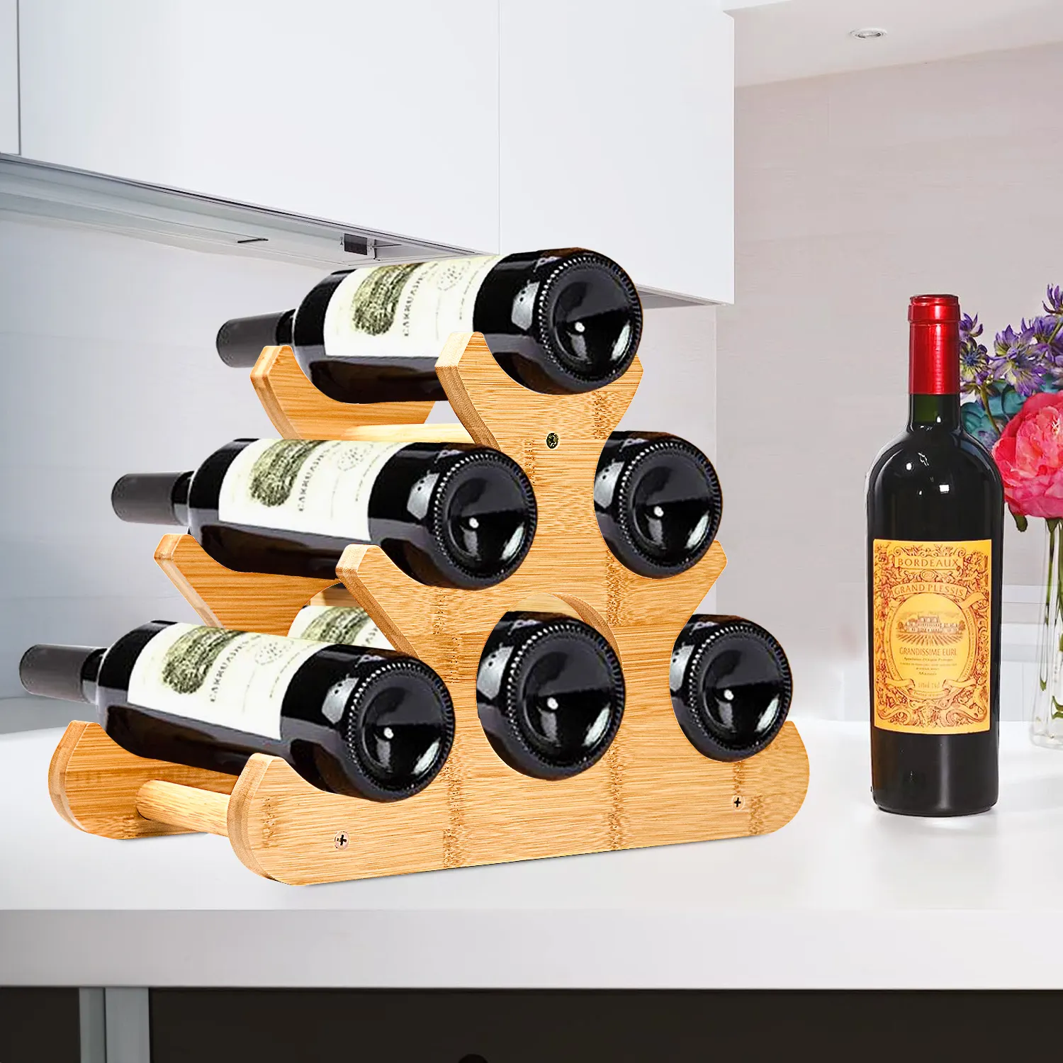 Bar nhà bếp 3-Tier 6 chai tre gỗ Tabletop hiển thị rượu vang chủ Giá rượu