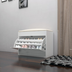 Banc moderne personnalisé avec rangement pour chaussures, meuble à chaussures à rabat avec miroir, organisateur de chaussures en bois MDF pour entrée - Product Image 1