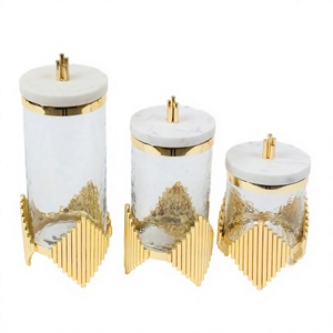 Ensemble de trois pots à bonbons en verre avec couvercle en marbre, forme ronde, design artisanal de luxe, nouveau service à noix en verre - Product Image 1