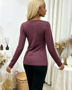 Haut Henley à col carré pour femme, coupe ajustée, couleur unie, manches longues, idéal pour le quotidien, les trajets et les rendez-vous - Product Image 3