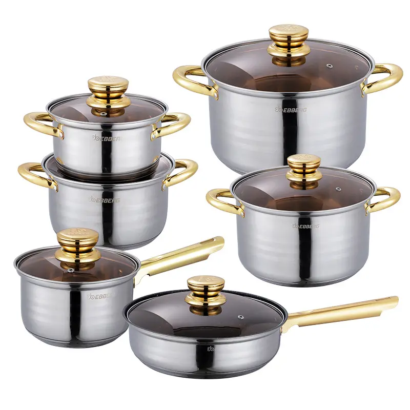 Großhandel 12 PCS Kochgeschirr Set Edelstahl Suppen töpfe Aufläufe Kochtopf Sets Antihaft-Bratpfanne