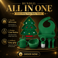 Ensemble d'alimentation pour bébé en silicone vert, comprenant assiette, bavoir, tasse à paille, bol, cuillère, fourchette et distributeur de nourriture, motif sapin de Noël, pour repas d'enfants