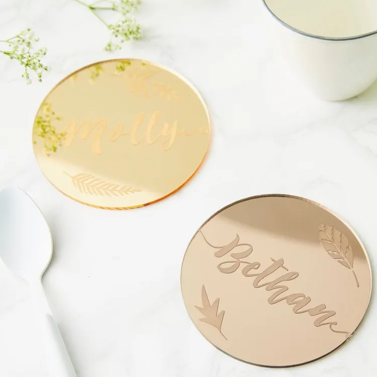 Coaster Minuman Cermin Ukiran Emas Bulat Dekorasi Pernikahan Logo Kustom