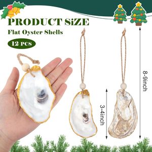 12 stuks <span class=keywords><strong>3</strong></span>-4 inch & 8-9 inch platte oester schelpen voor knutselen met gaten, hangend jute touw voor strandbruiloft, kustdecoratie, Kerstmis - Product Image 2