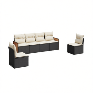 Ensemble de canapés de patio en rotin moderne avec coussins crème pour l'extérieur, capacité 6 personnes, structure en bois massif, design contemporain - Product Image 1