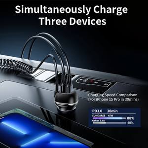 Chargeur de <span class=keywords><strong>voiture</strong></span> à charge rapide 96W 2 ports PD/PPS/QC3.0 avec câble spiralé de 1,8 m, protection OTP/OVP - Product Image 6