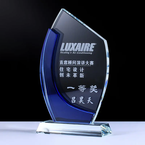 Wholesale clear Blank Sport Crystal Trophy Award Custom logo Blue Crystal Glass Trophy for Business Souvenir
