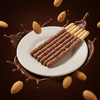 Bâtonnets de biscuits enrobés de chocolat aux amandes, avec une couche extérieure riche en cacao et un garniture croustillante aux amandes, personnalisables en marque blanche