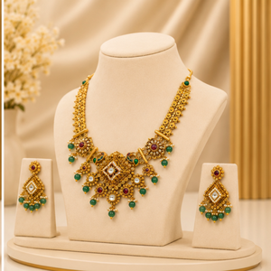 Ensemble de bijoux de mariée traditionnels en or 22 carats avec perles vertes et boucles d'oreilles assorties pour femmes - Product Image 1
