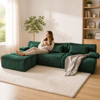 Canapé modulaire vert émeraude en forme de L, confortable et moelleux en chenille avec coussins décoratifs, vente en gros