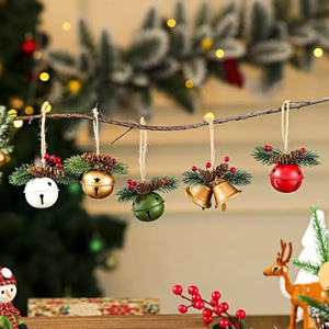 Clochettes de Noël rouges en métal, décorations de style campagnard pour sapin de Noël et couronne, avec décorations en pin - Product Image 2