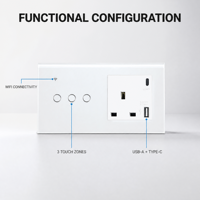 Interruptor de Pared Inteligente WiFi Estándar del Reino Unido Serie 146 y Enchufe Combinado con Panel de Vidrio Templado Compatible con Alexa y Google Assistant