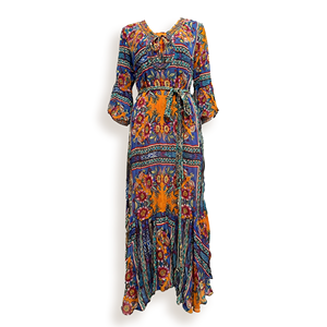Vestido Maxi Bohemio con Estampado Floral Étnico Naranja y Azul <span class=keywords><strong>para</strong></span> Mujer, Manga Campana, Cintura Ajustable con Lazada, Decoración con Cuentas - Product Image 4