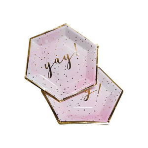Assiettes en papier hexagonales roses avec logo personnalisé doré - <span class=keywords><strong>Vaisselle</strong></span> <span class=keywords><strong>jetable</strong></span> pour fêtes d'<span class=keywords><strong>anniversaire</strong></span> et célébrations pour filles - Product Image 4
