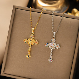 Conjunto Moderno de Cobre com Zircônia Colorida, Pingente de Cruz e Corrente Elo, Feminino, de Alta Qualidade, Simples, Banhado a Ouro 18K, Atacado, Mais Vendido - Product Image 1