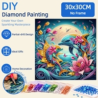 Kit de Peinture Diamant 5D à Broderie Partielle Dauphin Marin Lotus Floral 30*30CM Décoration Artisanale DIY en Strass