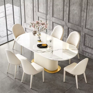 Tavolo da Pranzo Ovale con Piano in Marmo Bianco e Base in MDF, Ecologico e Impermeabile, Design <span class=keywords><strong>Moderno</strong></span> e Lussuoso per Casa, Bar, <span class=keywords><strong>Cucina</strong></span> e <span class=keywords><strong>Soggiorno</strong></span> - Product Image 2