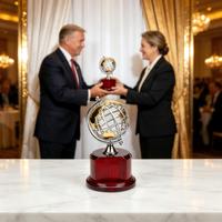 Trophée globe métallique gravé sur mesure, base en bois rouge, H200mm, sablage, impression laser UV, cadeau souvenir pour cérémonie de remise des prix d'entreprise