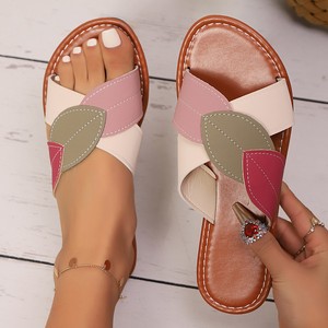 <span class=keywords><strong>Sandali</strong></span> piatti da donna con decorazioni a foglia e blocchi di colore, con cinturino incrociato e punta aperta, per l'estate, casual, da spiaggia, alla moda e comodi - Product Image 3