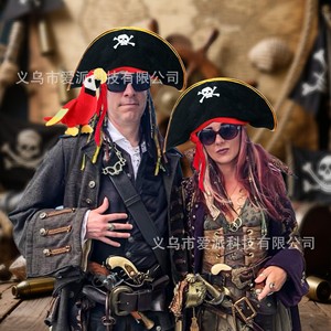 Pirate Captain Hat <b>Black</b> Skull Design Red <b>String</b> Halloween Costume Prop - Product Image 2