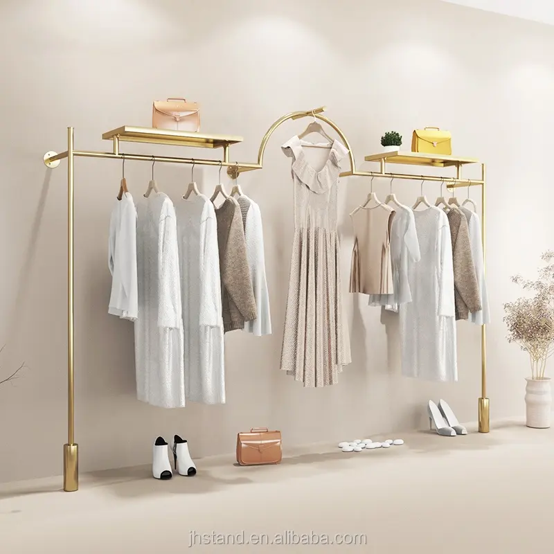 Retail Clothes Shop Furniture Display Stand Brushed Gold Clothing Hanging Stand Rack Wall Mounted Garment Rack with Top Shelf