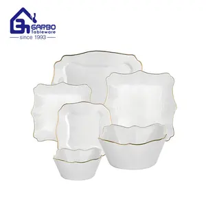 Conjunto de utensílios de talheres, conjunto de jantar de vidro quadrado puro branco com 26 peças, bordas douradas, elegante, resistente ao calor