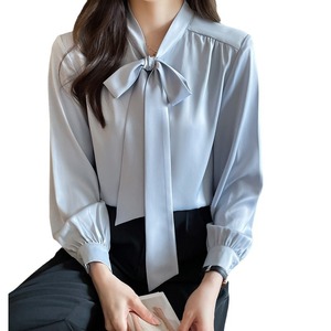 Chemise en satin pour femme avec détail nœud, haut à manches longues et à nouer devant, tendance - Product Image 6