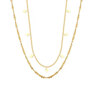 18K Gold Plated Stainless Steel S Shiny Chain Geometric Diamond shape Double Layered Necklace