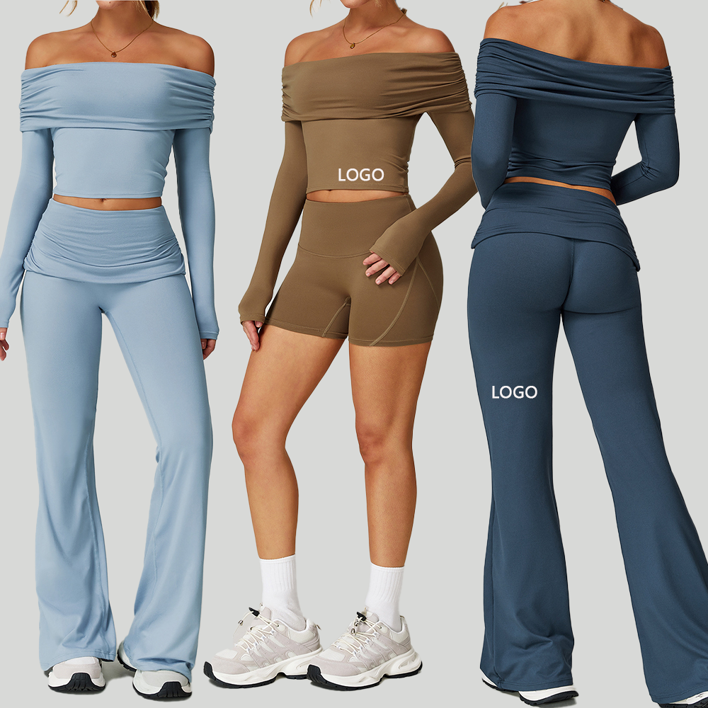 Wholesale off Shoulder Women's Yoga Set for Outdoor Fitness Comfortable Breathable High Quality Long Sleeve Custom logo