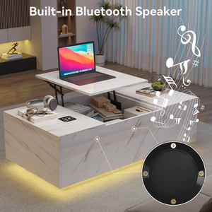 Tavolino da caffè intelligente regolabile in altezza con motivo in marmo bianco, cassetti portaoggetti e illuminazione a LED per soggiorno - Product Image 2