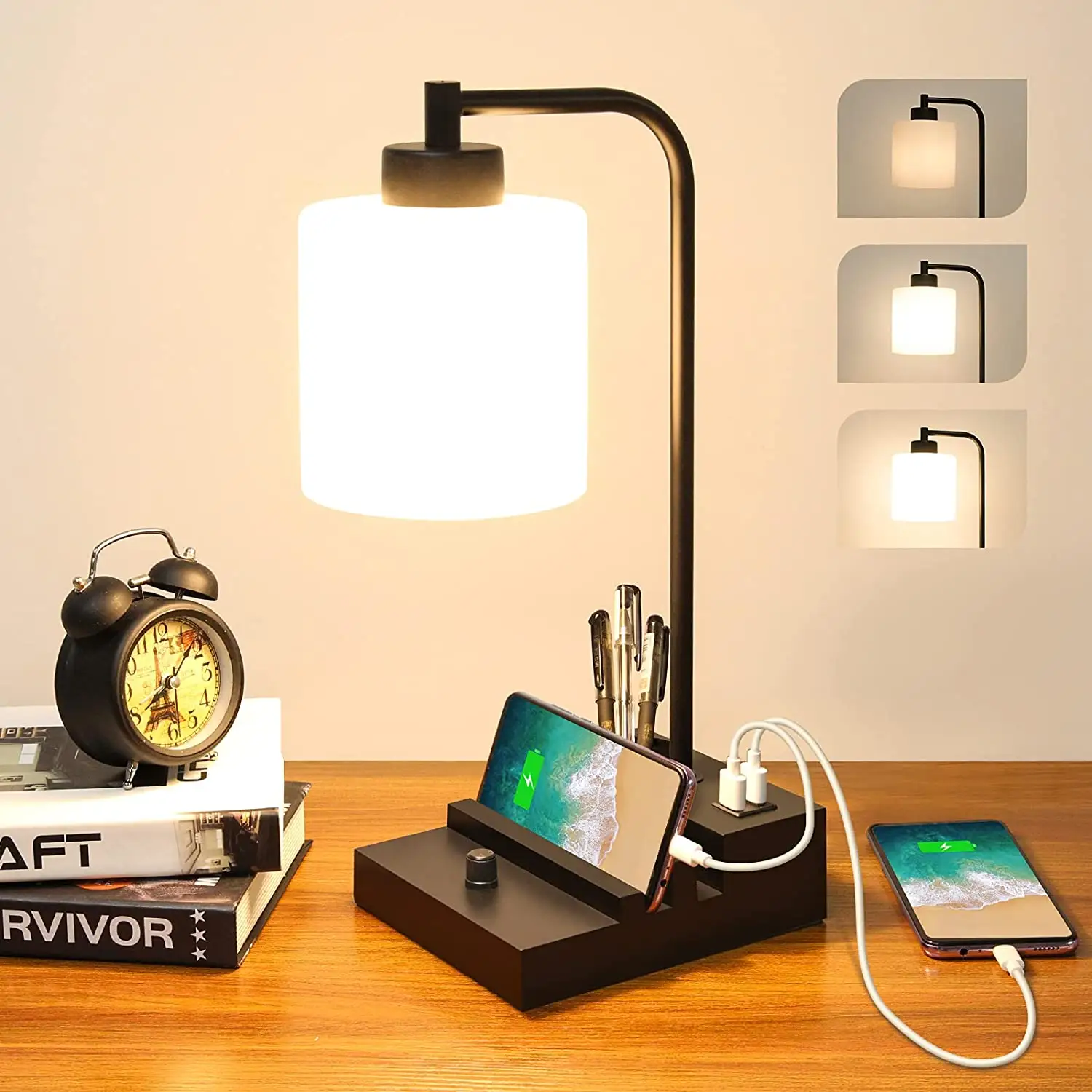 Dimmable Modern Nightstand Table Lamp With Glass Shade Industrial Desk Lamp with USB Port and Phone Stands